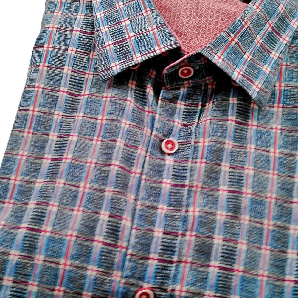 Visconti Black Red White Blue Checked Plaid Button Down Shirt S/S LRG USA